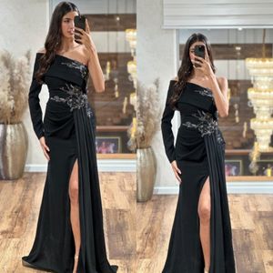 Elegant Black Evening Gown One Shoulder Long Sleeves Party Prom Dresses Floral Beading Waist Formal Long Dress for special occasion