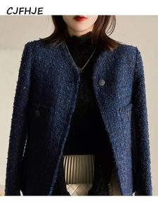 Womens Jackets CJFHJE Navy Blue Round Neck Pocket Short Coat Winter French Fashion Women Classic Loose Tweed Luxury Casual Jacket 231007