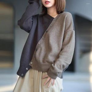 Kadın Sweaters Asimetrik Patchwork Örgü Kadın Süveter Hırka Kış Vintage 2023 V yaka gevşek gündelik kadın dış giysiler üstleri