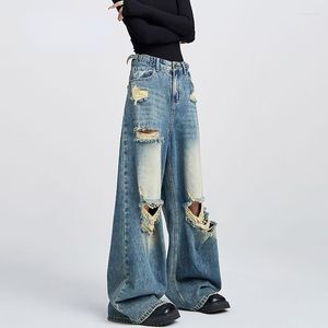 Women's Jeans Ripped For Women Washed Old Pants Summer American Style High Waist Retro Mopping Loose Straight Wide Leg