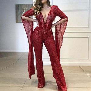 Kobiety Jumpsuits Rompers cekinowany frędzlony kombinezon dla kobiet seksowne głębokie dekolt w szpic w wino Kobieta czerwona 2021 Spring Summ2341