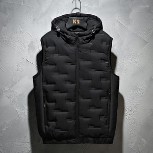 Gilet da uomo Gilet invernale con cappuccio da uomo Pieghettato Solido imbottito Giacca senza maniche calda antivento Homme Gilet casual Addensare Parka Uomo