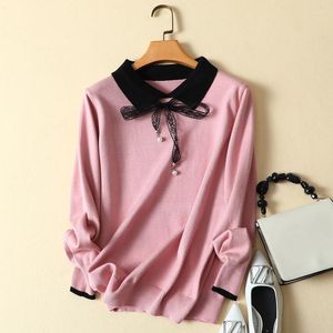 Women's Sweaters 2023 Autumn Knitted Women And Pullovers Lace Bow Long-Sleeved Turn-Down Collar Office Lady Elegant Pulls Outwears