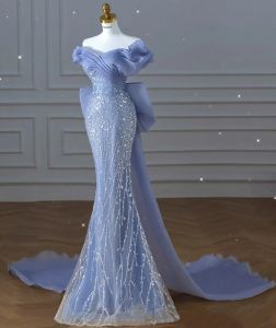 Elegant Long Blue Evening Dresses Off the Shoulder Sequin Beaded Sleeveless with Bow Sheath Mermaid Sweep Train Party Gown Dress for Women