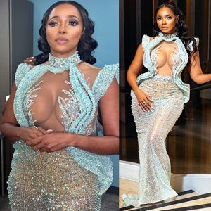 2023 Oct Aso Ebi Arabic Mermaid Sky Blue Prom Dress Beaded Sequined lace Evening Formal Party Second Reception Birthday Engagement Gowns Dresses Robe De Soiree ZJ308