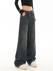 Kadın Kotları Kadınlar Vintage 2000'ler Koyu Mavi Harajuku Street Giyim 90S Estetik Yüksek Bel Denim Pantolon Y2K Baggy Geniş Bacak Kovboy