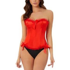 Damen-Overbust-Korsett aus rotem Satin mit Spitzendetails, modische, elegante Formwäsche aus Kunststoffknochen, Corpete Korset, Weihnachtsbekleidung, Weihnachtsmann-Korsett-Kostüme