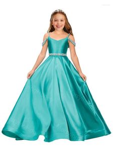 Flickaklänningar Flower Dress Satin Off Shoulder Ball Gown V Neck Princess Pageant Puffy golvlängd Formell fest med pärlor