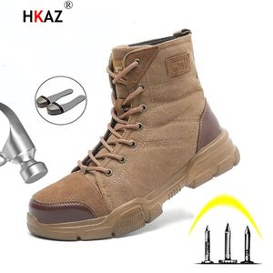 Botas HKAZ Combat Boot Homens Mulheres Botas Botas de Trabalho Anti-esmagamento Aço Toe Cap Caminhadas Sapatos Indestrutíveis Sapatos de Segurança Sapatos de Trabalho F611 231007