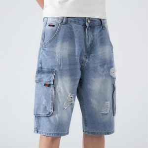 Plus size denim shorts masculino 2021 verão moda destruído buraco azul rasgado calças de carga curta masculina279k
