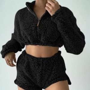 Women's Two Piece Pants 2PCS Sexy Fluffy Suits Plush Hoodies Sleepwear Shorts Tops Women Tracksuit Casual Sports Set Overalls Sweatshirts