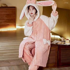 Women's Sleepwear Ears Pajamas Sets Winter 2-Piece Set Nightgown Suits Sweet Hooded Kawaii Girl Thick Long Bathrobe Homewea