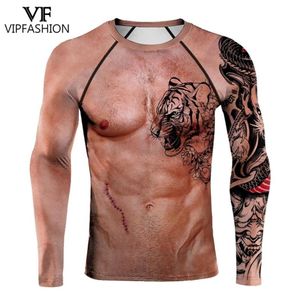 VIP Fashion Zabawny mięsień klatki piersiowej Odzież Fitness T-shirt Men Compression Curny Kulturystyka Long Rękaw Trening Tee 220258F