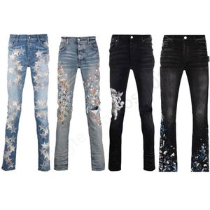 Designer lila jeans för män staplade jeans män denim tårar jeans nödställda rippade cyklist svartblå män smala penna am jeans sli287n