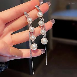 Dangle Earrings 2023 Fashion Vintage Glossy Arc Bar Long Thread Tassel Drop For Women Silver Color Pearl Jewelry Hanging Pendientes