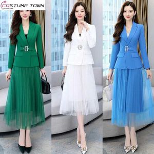 Two Piece Dress Summer New Pleated Tulle Halfskirt Belt Casual Jacket Blazer Set Elegant Women's Skirt Evening