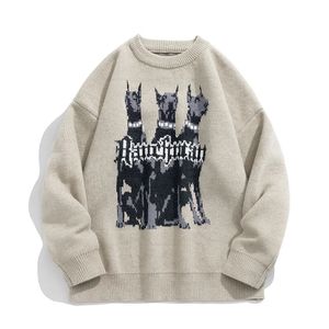 Dog Knitted Sweater Y2k Oversize Pullover Men Hoodie Vintage Graphic Knit Male Jumper Women Winter Knitwear Brown Beige