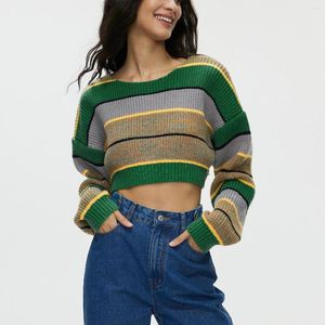 Kadın Sweaters Örgü Kadın Kazak Vintage Striped Uzun Kollu Üst Sokak Giyim Mahsul Kazak Çekme Femme Kadın Örgü