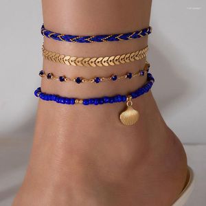 Anklets Casual 4 PCS Shell Color Hand-Woven Beaded Women's Beach Leaf Tassel Pendant Foot Chain Girls' Fashion Jewelry