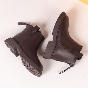 Boots 2023 Simple Non-slip Girls Ankle Black Back Zipper PU Spring Autumn Versatile Princess Catwalk Round-toe Brown