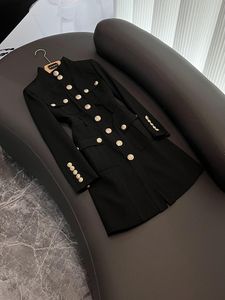 2023 Autumn Black Solid Color Panelled Dress Long Sleeve Stand Collar Double Pockets Single-Breasted Casual Dresses D3O071430