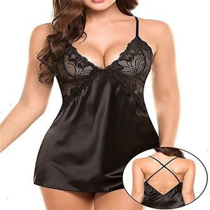 Bielizna Sexy Faux Silk Nightgown Satin Sleepwear Koronką nocną sukienkę Kobiety z rękawów Noszygna nocna nocna odzież nocna261o