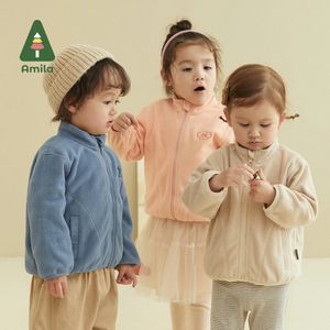 Jacken Amila Babymantel Frühling Polar Fleece Warme einfarbige Jacke bestickt Mädchen und Jungen Stehkragen Kinderkleidung 231007