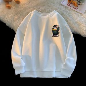 Moletons masculinos primavera e outono gola redonda waffle bear moletom tamanho grande manga comprida camiseta oversize branco preto verde cinza.