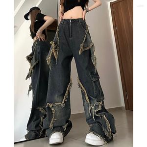 Kadın Kot Street Giyim Kontrast Renkli Yıldız Patchwork Sıkıntılı Kadınlar 2023 Yaz Yüksek Bel Gevşek Gündelik Geniş Bacak Pantolon