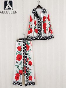 Kadın pantolon aeleseen bahar sonbahar kadın moda set gevşek noktalar kırmızı çiçek baskı pijama gömlek tam kemer parti gündelik