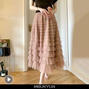 スカートmoukyun tutu cake skirts womenエレガントカスケードフリル長いスカート女性カジュアルエラスティックウエストパーティーレーススカートファルダ231009