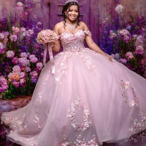 Розовое блестящее сексуальное милое платье Quinceanera Sweet 15 2024 с открытыми плечами и аппликацией из кружева и цветов из тюля Vestidos De 15 Anos бальное платье