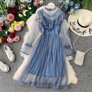Casual Dresses Young Gee 2021 Autumn Winter Vintage Lace Floral Midi Dress Elegant Women Party Long Sleeve Pearls Beading Mesh Ruf2462
