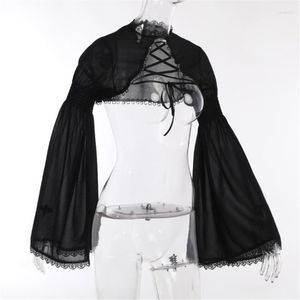 Jaquetas femininas Mulheres Goth Tops Punk Cover Up Malha Crop Top Ver através Sexy Manga Longa Blusas Y2K Black Outfit Festival