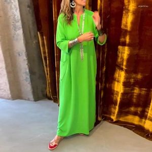 Casual Dresses 2023 Spring Summer Loose Long Dress Fashion Ladies V-Neck 3/4 Sleeve Beach Vintage Pocket Straight Bohemian