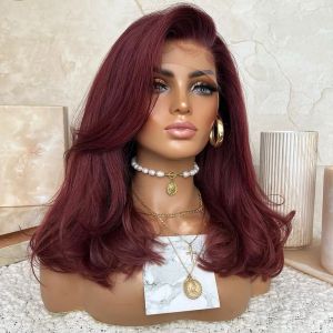 Bourgogne Red Short Wavy Spets Front Wig Human Hair Bone Straight Bob Spets Front Wig Prepluched Transparent Syntetisk spets peruk för kvinnor