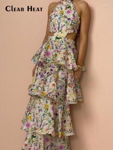 Vestidos casuais sexy cintura aberta floral impressão halter maxi vestido mulheres sem mangas sem costas rendas até vestidos femininos eleagnt férias