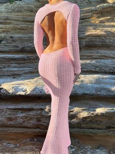 Повседневные платья Элегантное женское розовое платье-свитер с открытой спиной High Street Ladies Сексуальная талия Облегающее трикотажное длинное уличное платье