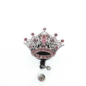 1pc 5pcs 10pcs Pink Rhinestone Crystal Crown Badge Reel Retractable ID Badge Holder For Nurse Student Staff2319