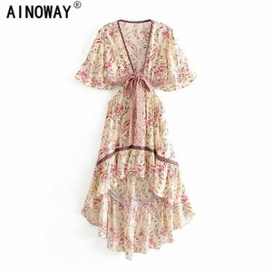 Vintage chic women floral print short sleeve rayon Bohemian dresses Ladies V neck Tassel Summer Boho pleated Maxi dress vestidos Y282d