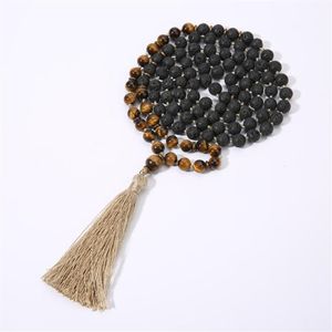 8mm Black Lava Stone & Yellow Tiger Eye 108 Mala Beaded Knotted Necklace Meditation Blessing Yoga Japamala Jewelry Men And Women P321R