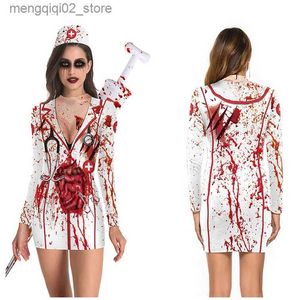 Tema kostym halloween skräck blodsjuksköterska uniform cosplay kommer kvinnor flickor klänning utskrift strump kjol party karneval maskerad kostym q231010