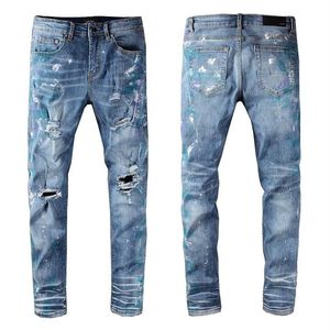 Ny ankomst herr designer jeans ljus blå hål spray färg medalj mode män byxor smala motorcykel cyklist hip hop pant s topp quali251b