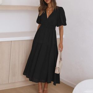 Casual Dresses V Neck Solid Color Short Sleeve Summer Outfits Women 2023 midja Bohemian Maxi Dress Women's Vestidos