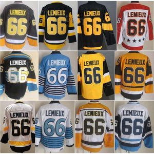 CCM Hockey Retro 66 Lemieux vintage tröjor går i pension klassiska broderier och sy ren bomull för sportfans Pullover Team svart vit blå gul andas hög