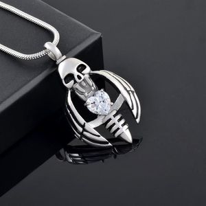 IJD9793 Skull Rostfritt stål Kremering Pendant Halsband Hjärtkristall Ashes Keepsake Urn Necklace Memory Jewelry215R