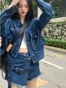 Two Piece Dress ADAgirl Streetwear Blue Cowboy Tops Coat Asymmetrical Design Lace Up Denim Mini Skirt Autumn Three Sets Womens Outfits 231007