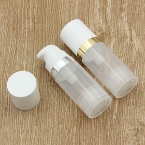 Tom 10 ml luftfria pumpflaskor Lotion Klar plastvakuumflaska för kosmetika med Silver Gold Ring Cosmetic Packaging QVSie