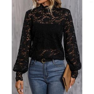 Women's T Shirts 2023 Autumn Fashionable Long-sleeved T-shirt Sexy Windy Slim Lace Top Women Black Solid Color Pullover Streewear Bottom