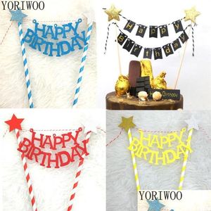 その他のお祝いのパーティー用品Yoriwooハッピーバースデーケーキトッパーフラッグバナーカップケーキトッパー1番目のパーティーデコレーションキッズベビーシャワーd otp7l